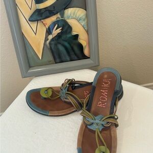 Brown and Blue Thong Sandals with Decorative Element. Worn once like NEW